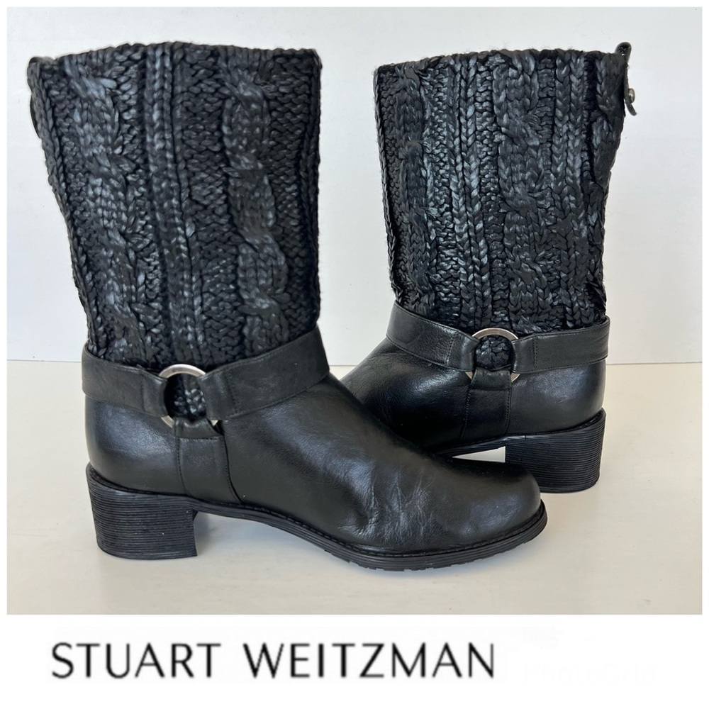♦️SOLD♦️STUART WEITZMAN Charcoal Black Leather Coated Knit Moto Mid Calf Boots - Picture 1 of 15